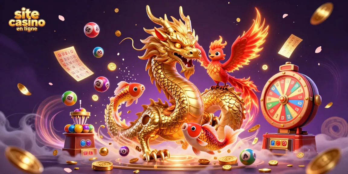 Profitez d'une illustration animée de site casino en ligne avec un dragon, un phénix et des éléments de loterie.