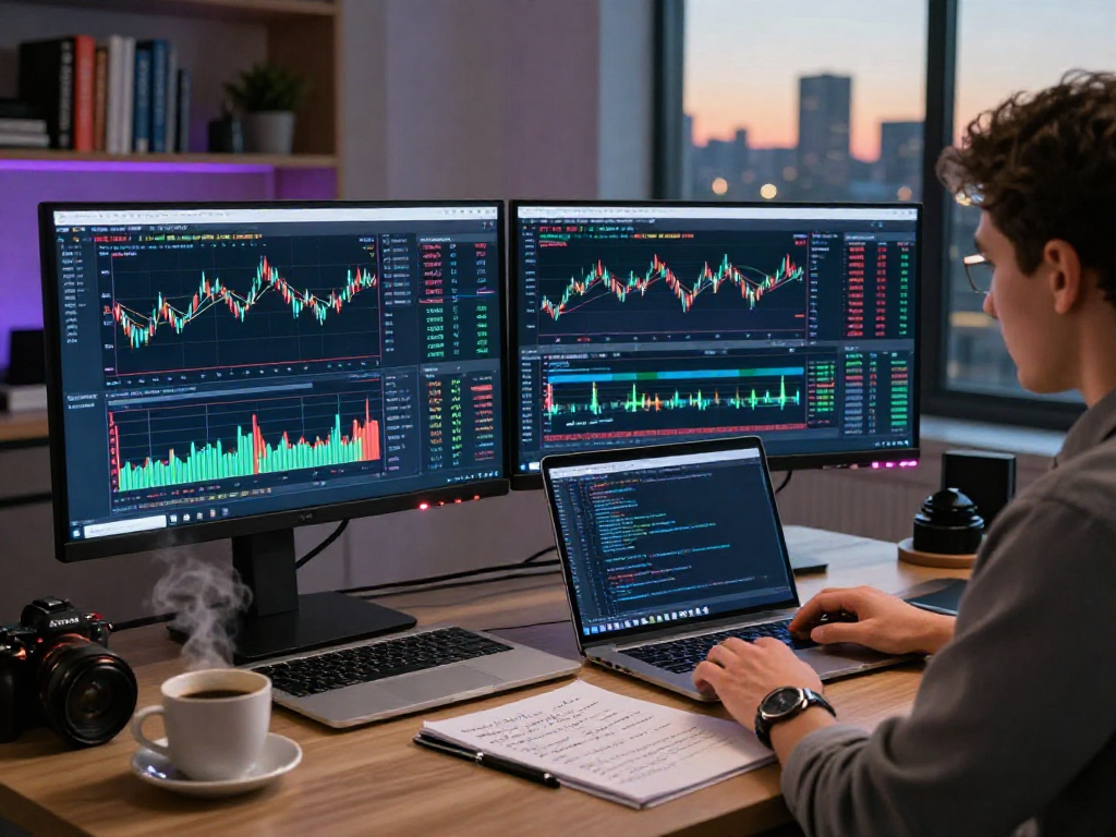 在充满活力的交易工作区，交易者使用TradingView分析股市和加密货币图表。