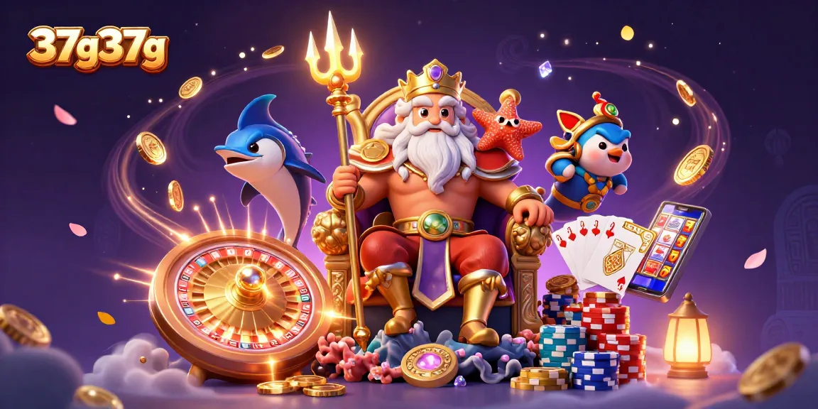 Ilustração 3D de 37g37g com rei dos mares Netuno e elementos de cassino, como fichas e cartas.