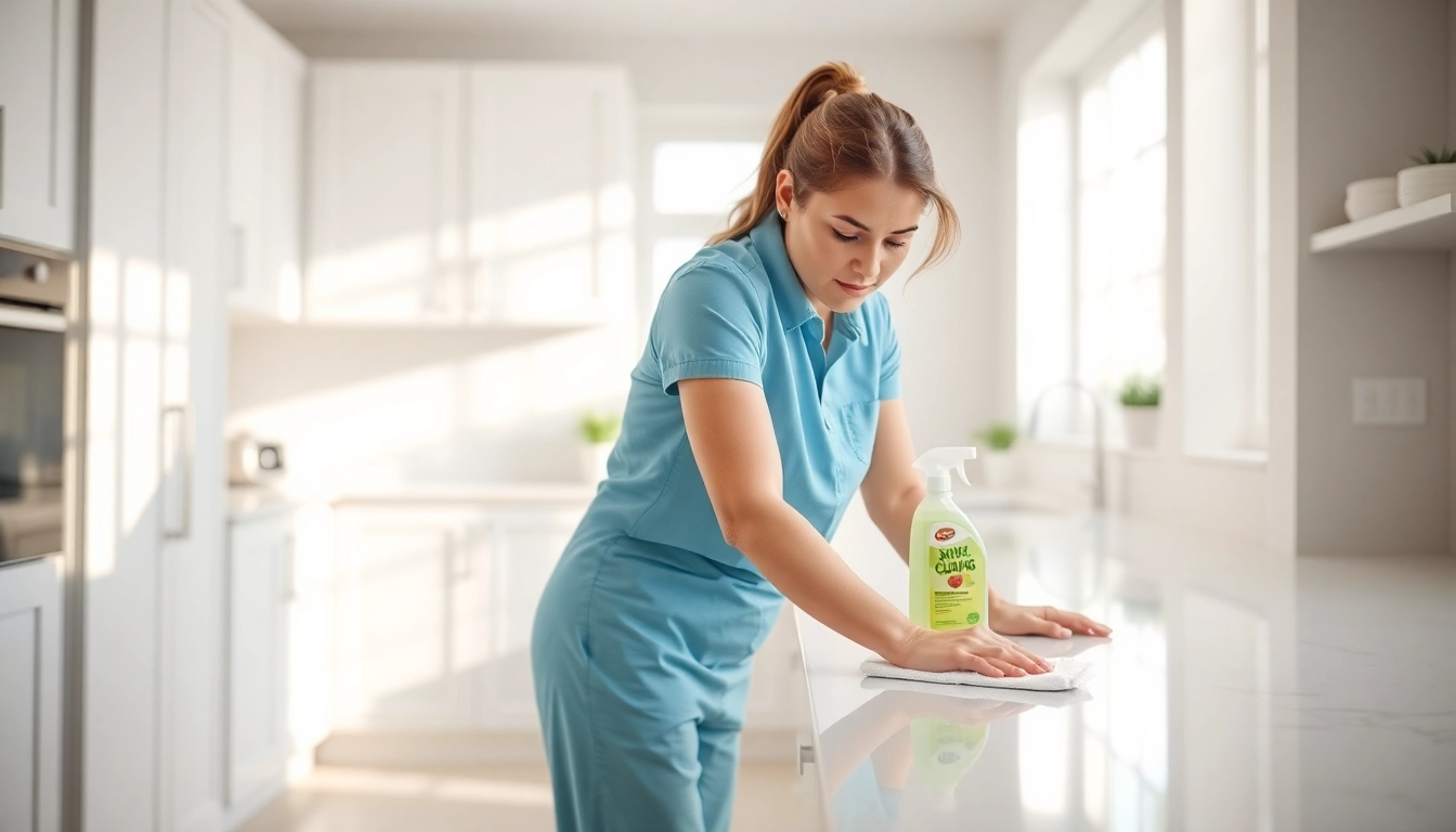 Bond cleaning in a spotless kitchen showcasing a dedicated cleaner at work.