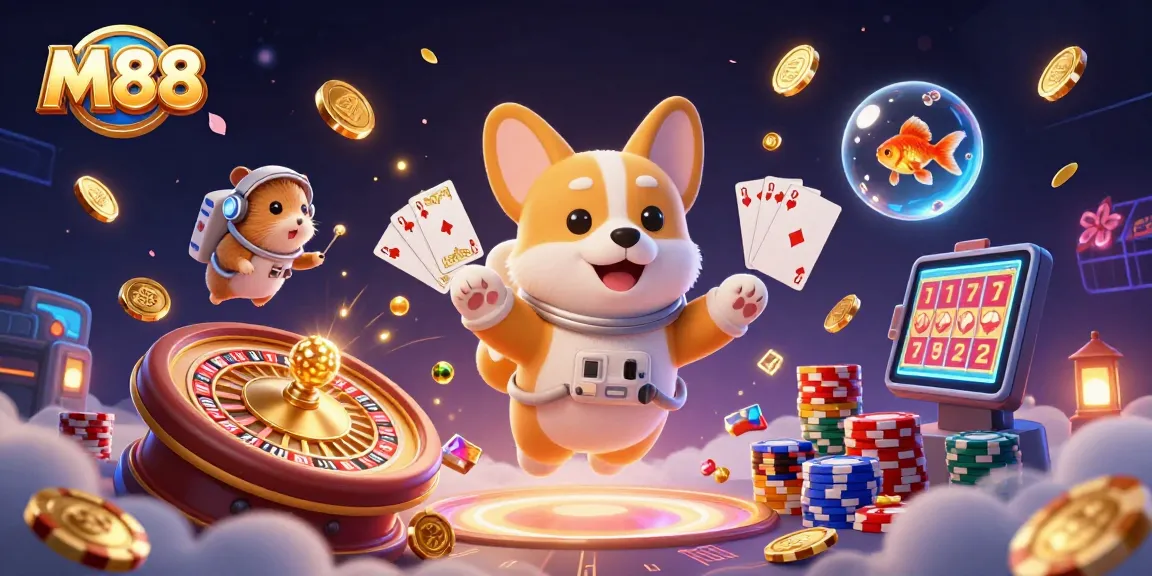 M88 astronauts corgi and hamster guiding players while floating in a vibrant casino.
