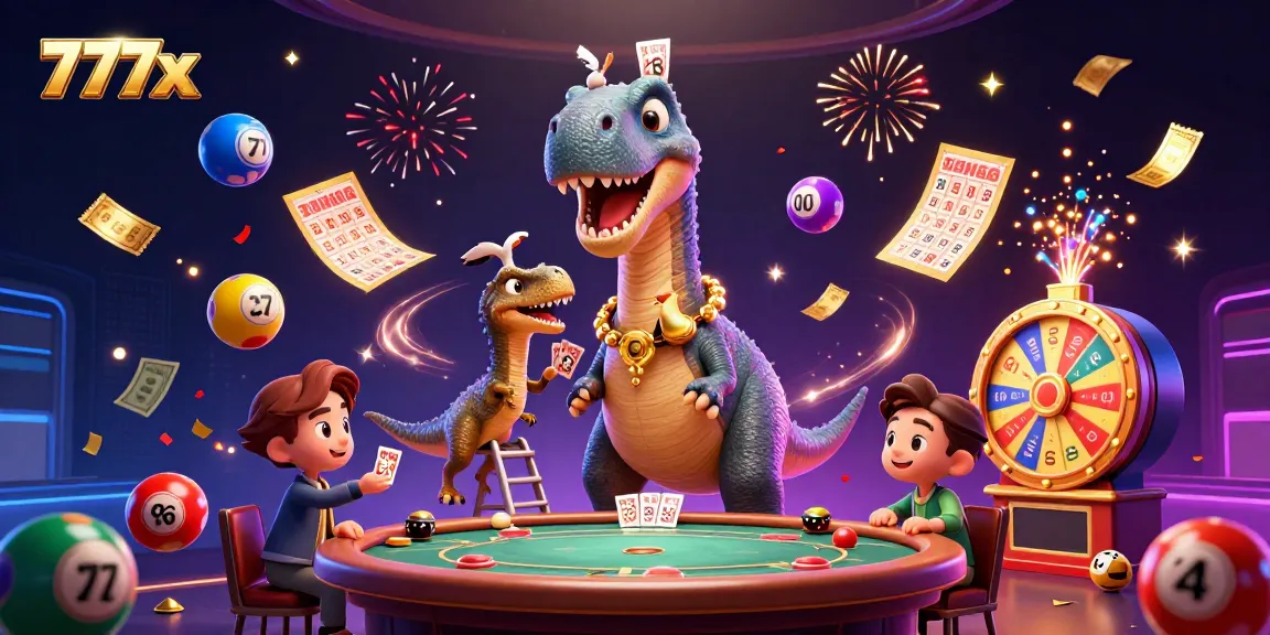 Join the excitement at 777x, where vibrant lottery elements flutter in a lively casino scene.