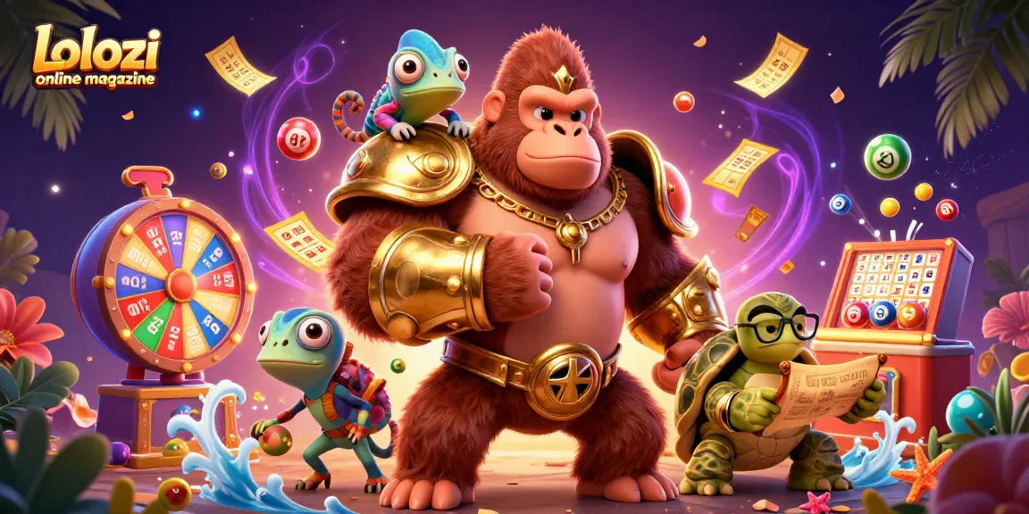 Lolozi online magazine showcases a vibrant 3D scene with a powerfully armored gorilla king amid dynamic lottery elements.