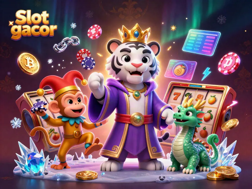 Engage in the world of Slot gacor with a captivating 3D scene featuring a majestic white tiger, a playful golden monkey, and dynamic slot elements.
