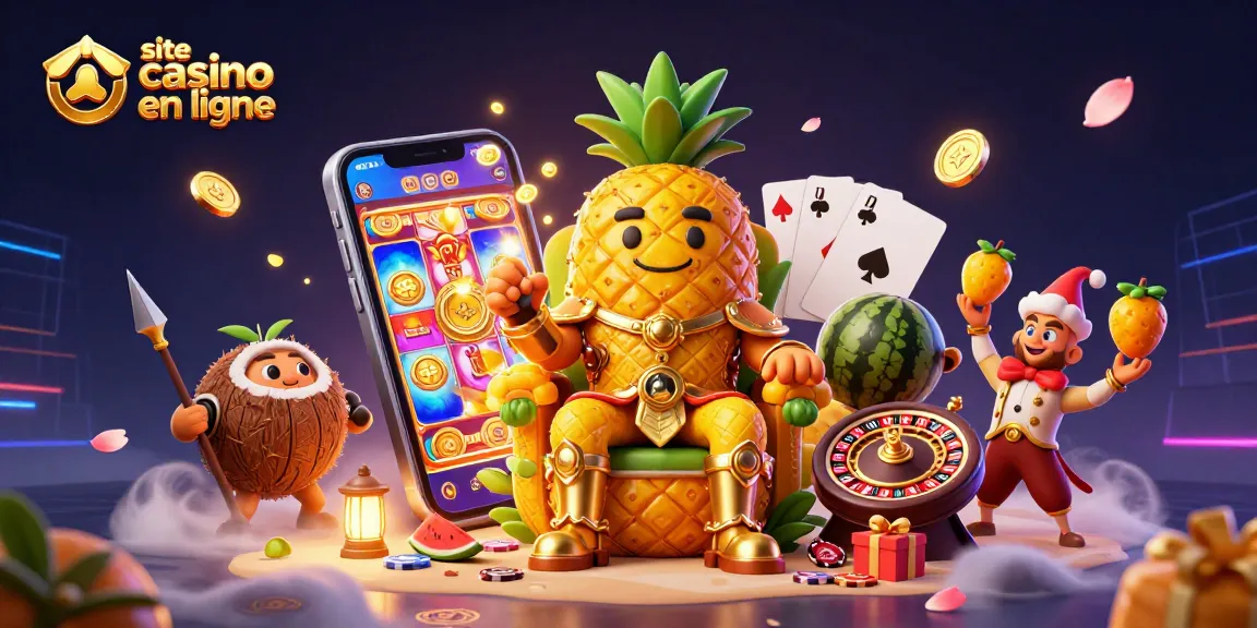 Animation du roi ananas et de son équipe dans un site casino en ligne vibrant.