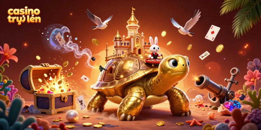 Khám phá casino trực tuyến đầy màu sắc với rùa vàng khổng lồ và dealer thỏ.