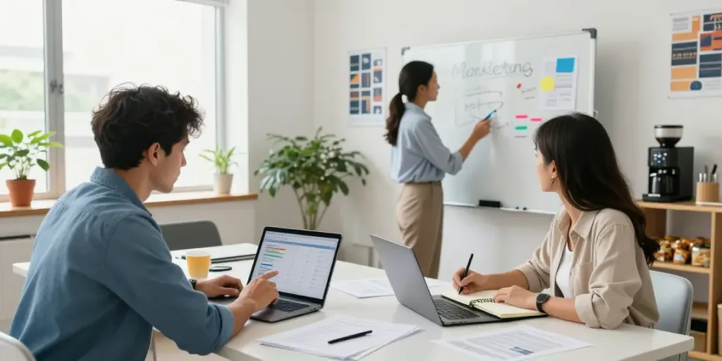 Team discussing google ads management strategies in a modern office.