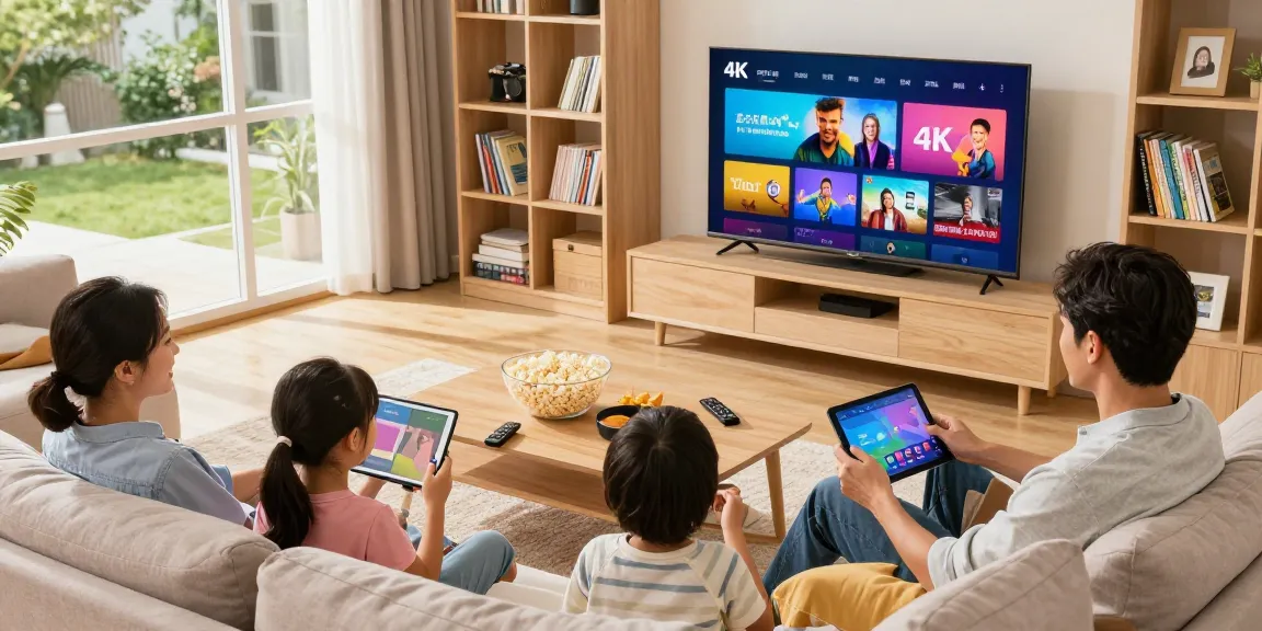 Family enjoying digitaline iptv streaming 4K content in a cozy living room