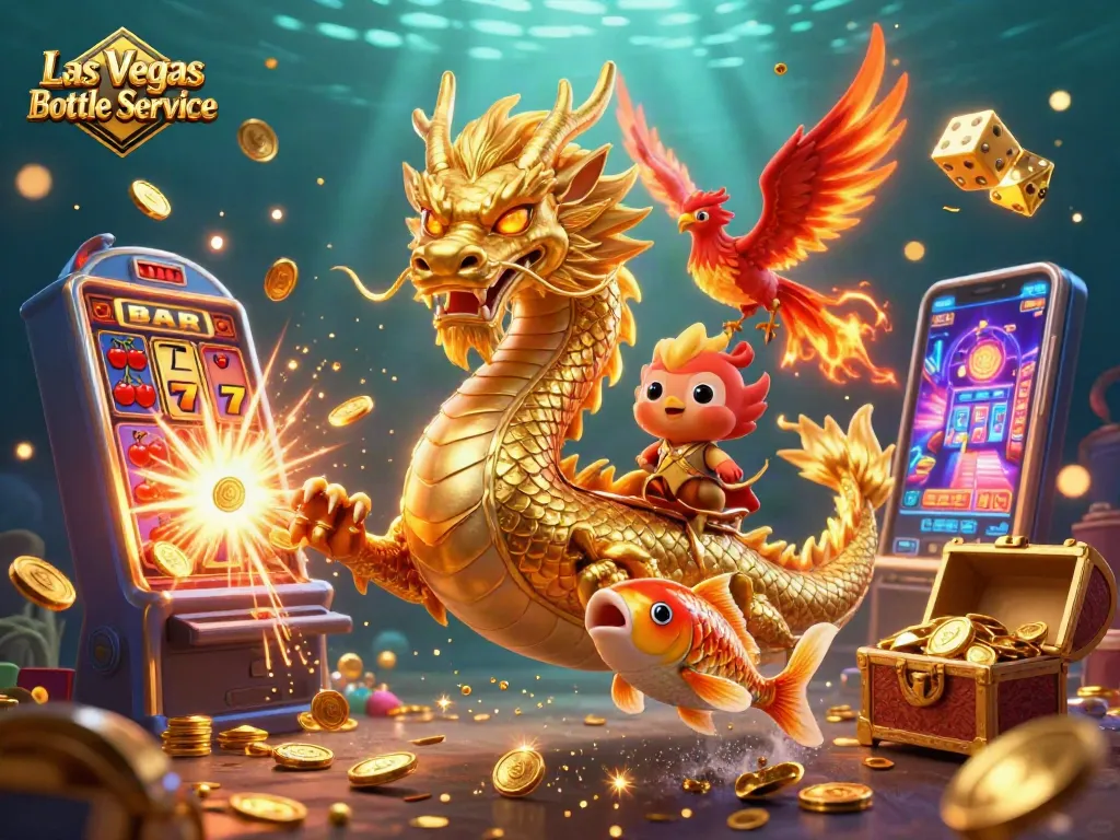 Experience Las Vegas Bottle Service with a majestic dragon, phoenix, and koi amidst vibrant casino elements.