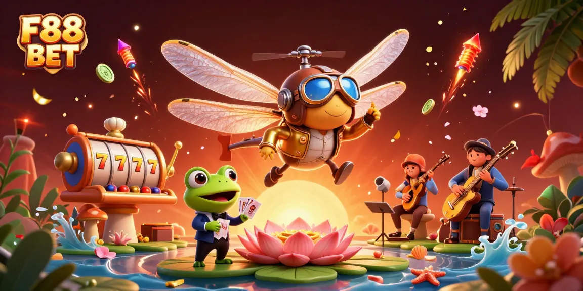 Experience dynamic gaming with F88 BET at a vibrant lily pad casino featuring entertaining characters and rich visuals.