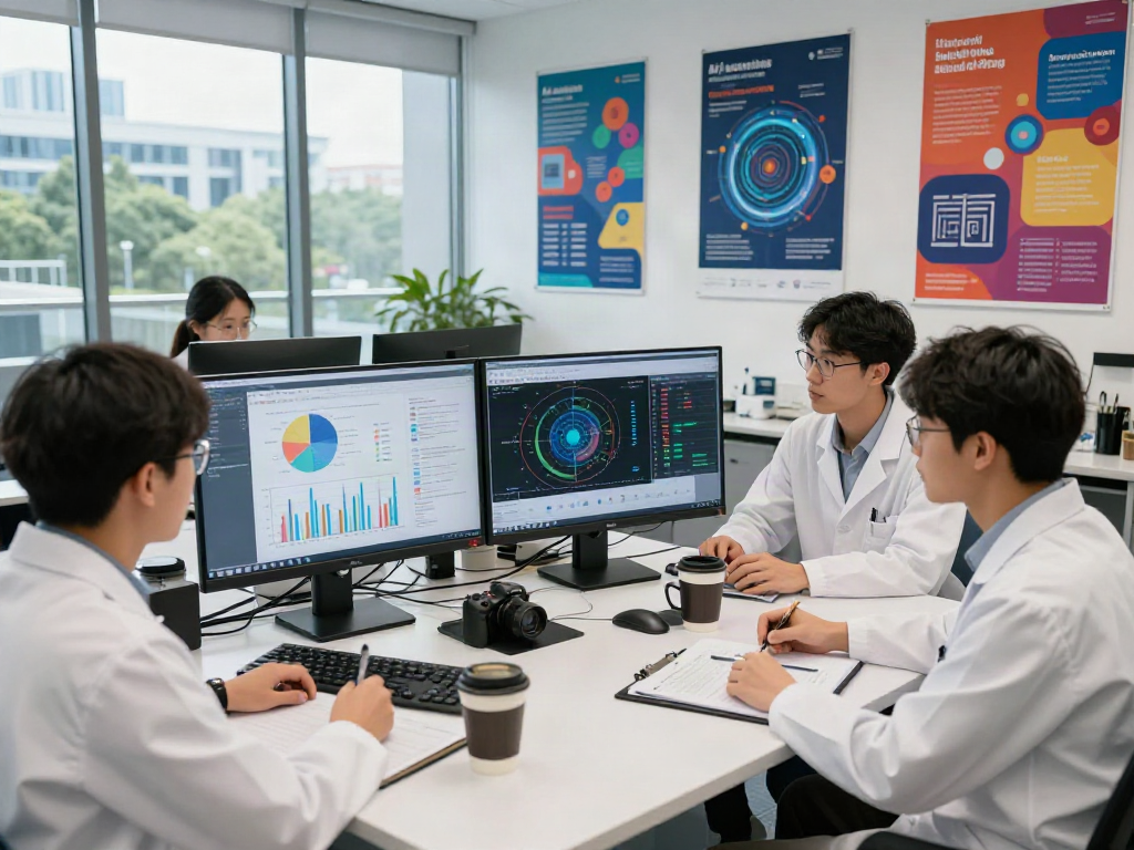 AI-Generated Image Detection analysis in a modern research lab with data scientists collaborating.