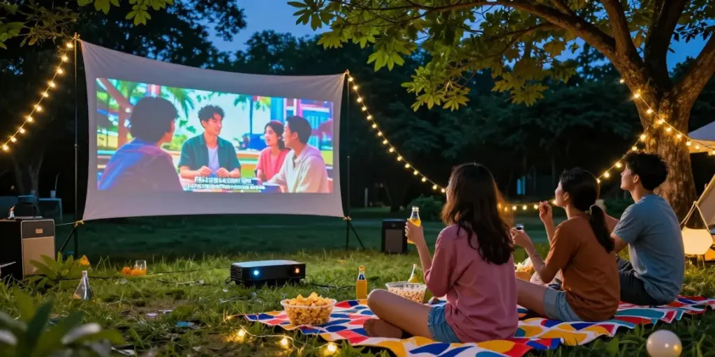 Friends enjoying a movie night featuring JAV sub indo with snacks and fairy lights.