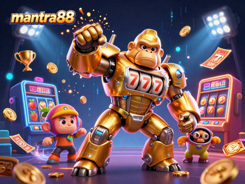 Experience thrilling gameplay with mantra88's golden gorilla mech amidst slot machine excitement.