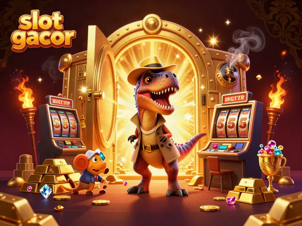 Experience slot gacor excitement with a velociraptor at a slot machine; captivating casino scene.