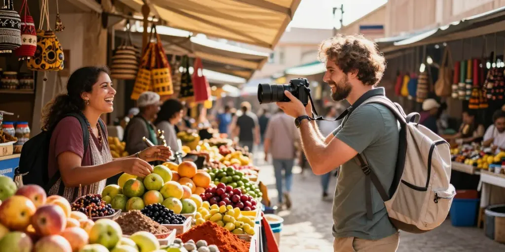 Traveler enjoying local market experience while on tours and travel, vibrant atmosphere.