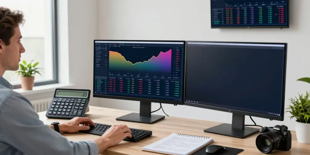 Trader analyzing market data on TradingView charts in a modern workspace, showcasing a focused trading environment.