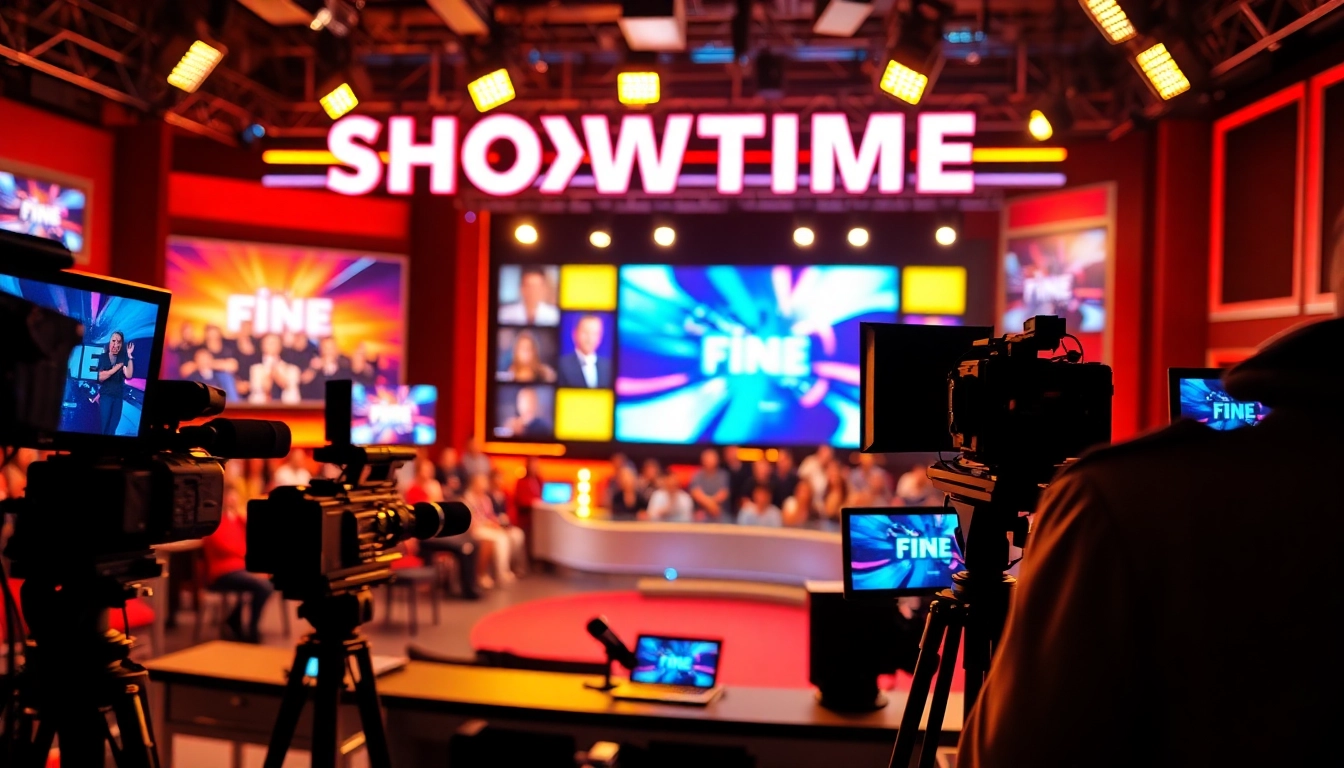 Showtime in modern television studio setting cu un gazdă vorbind în fața camerelor.