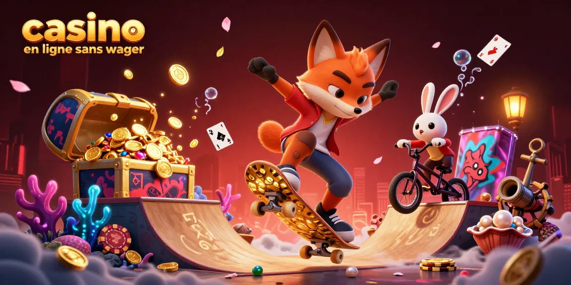 Jouez au casino en ligne sans wager avec des personnages cartoon dynamiques et des éléments de jeu colorés entourant une ambiance attrayante.