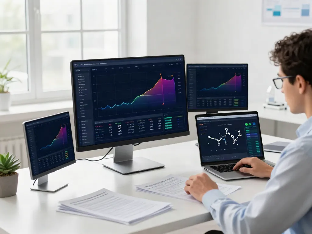 Researcher analyzing peptiprices data in a modern workspace.