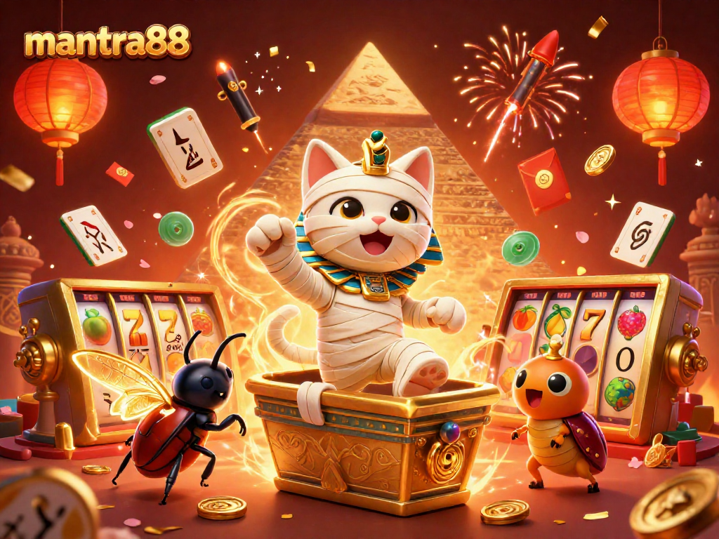 Spin and win with mantra88: a vibrant 3D illustration featuring a charming Egyptian mummy cat and golden treasures.