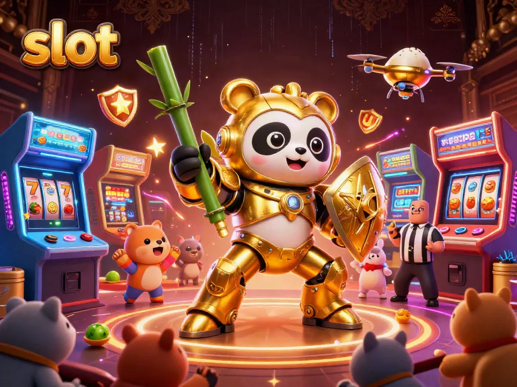 Gambarkan slot yang mengasyikkan di arena dengan panda keemasan dan mesin slot berwarna-warni.