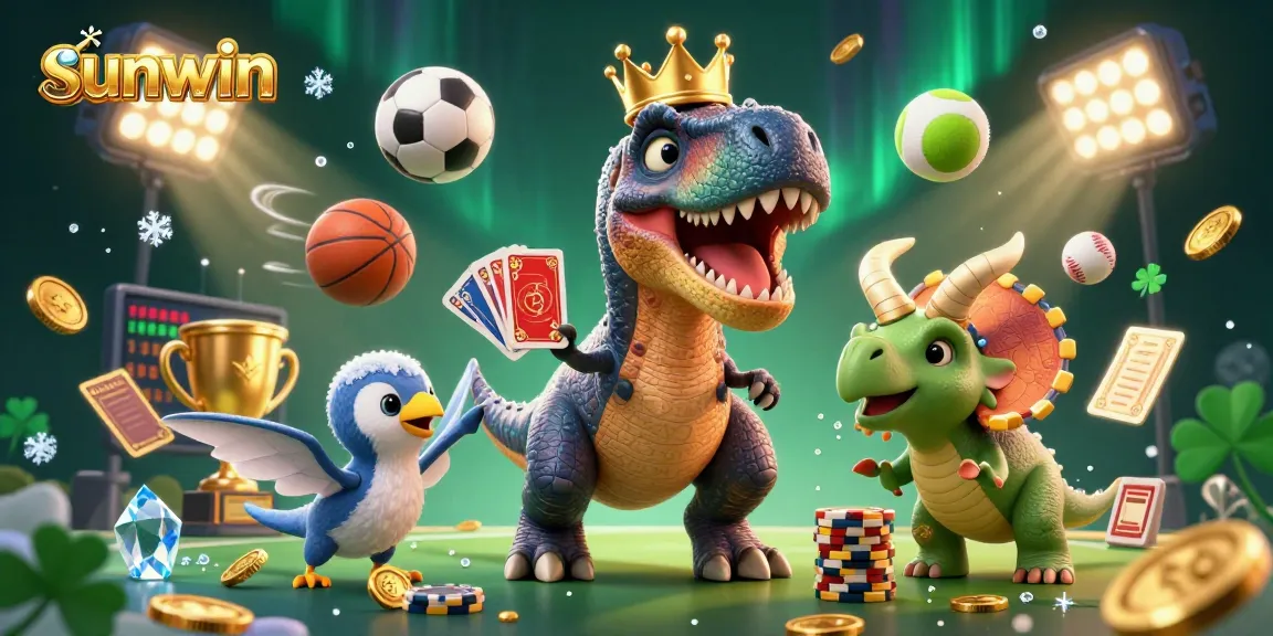See the sunwin T-Rex and friends shuffle cards and stack chips amidst vibrant casino action.
