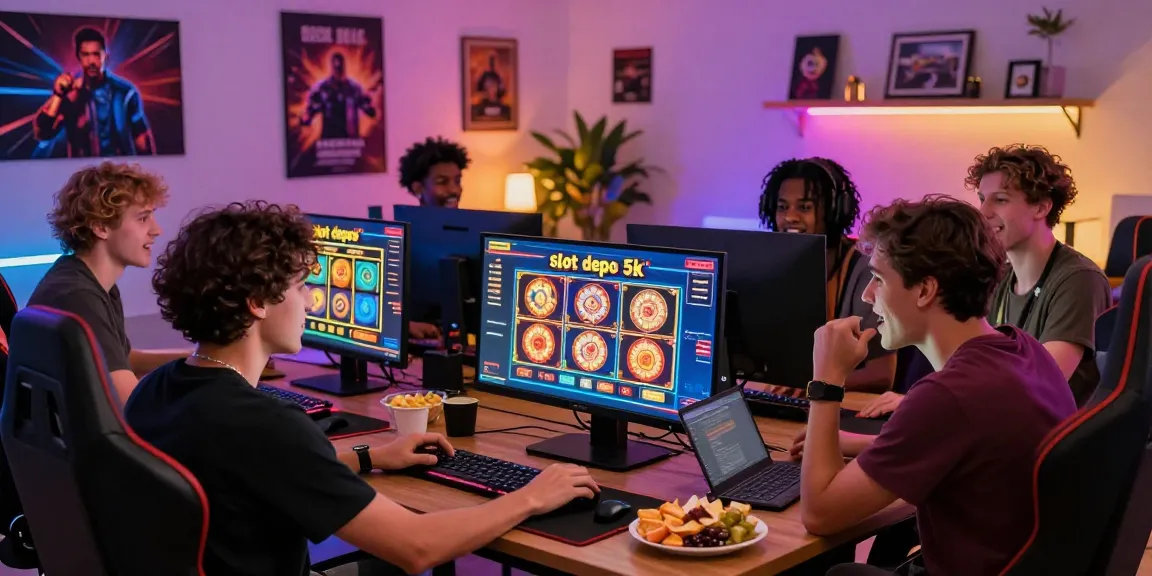 Friends enjoying an online gaming session with slot depo 5k on screen at a stylish gaming setup, creating excitement and camaraderie.