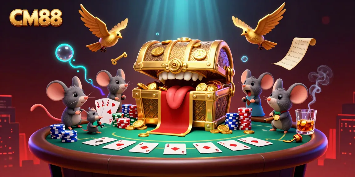 Experience CM88 with an enticing golden treasure chest and poker action in a vibrant casino setting.