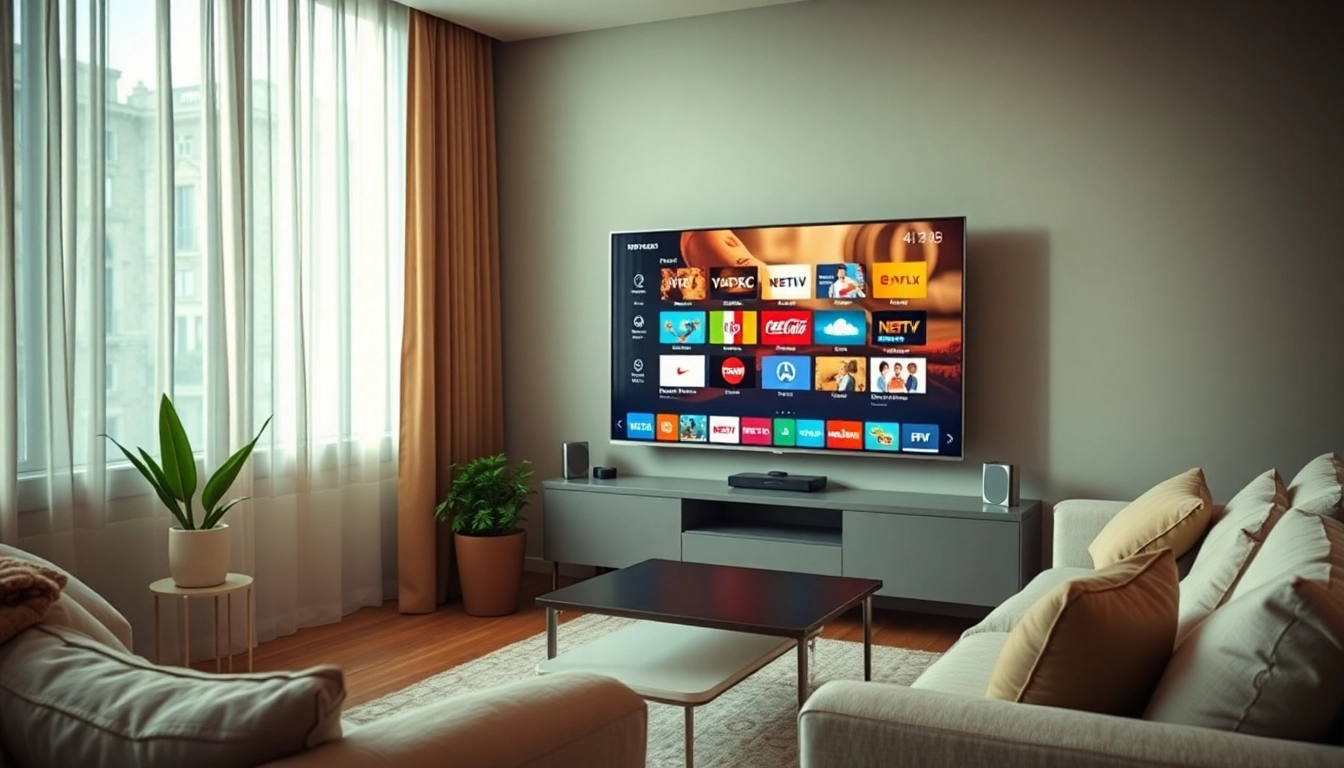 Engaging scene showcasing an IPTV provider in US experience with stylish living room and vibrant channels.