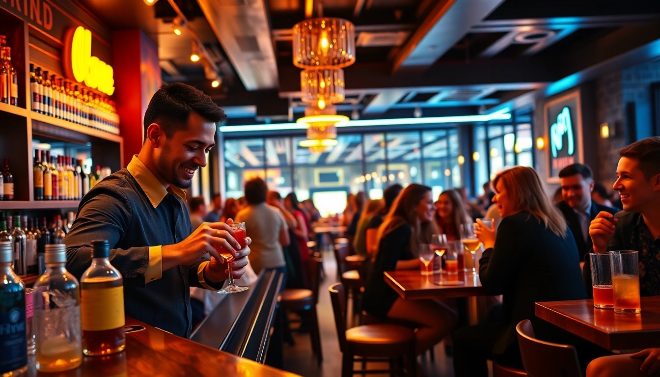 Patrons enjoy cocktails at a lively bar with a stylish ambiance at TNGolfStation.