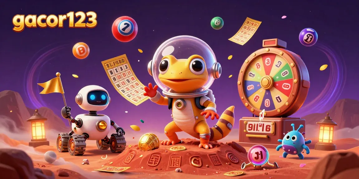 Join the fun at gacor123 with a Martian gecko and its robot companion celebrating a golden casino find.