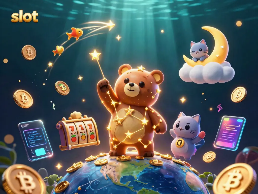 Engage with vibrant slot visuals, featuring a constellation bear and lucky symbols.