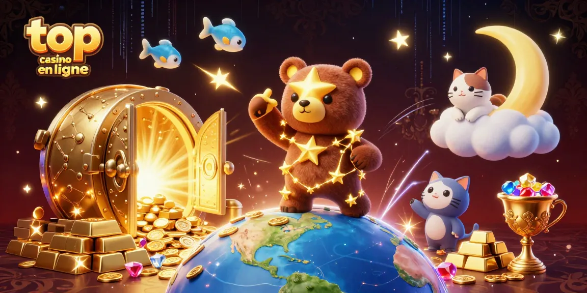Jouez et gagnez avec le top casino en ligne, illustré par un ours en constellation et des poissons étoiles scintillants.