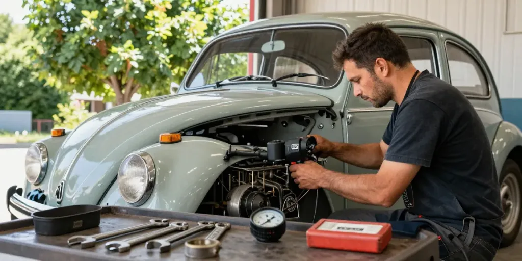 Vintage Volkswagen maintenance at http://www.aircooledapps.com with mechanics and tools in a garage setting.