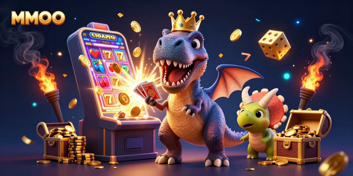 Engage with MMOO at an exciting casino scene featuring a T-Rex, cards, and golden chips!