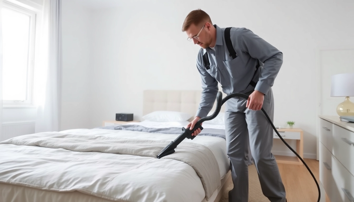 Technician executing bed bug removal in a clean and bright bedroom, showcasing professional pest control methods.